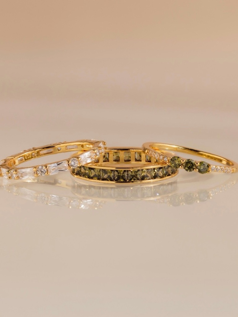 Gorgeous Gold/Diamond/Emerald gemstone Stackable Ring Set (3 pieces)